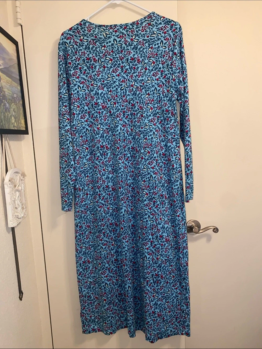 Lands’ End Blue Floral Cotton Nightgown Long Sleeve Sleep Dress M - Picture 3 of 14